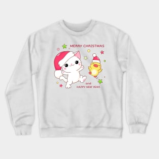 Funny Christmas Gifts friends kitten and duck In santa hats Crewneck Sweatshirt